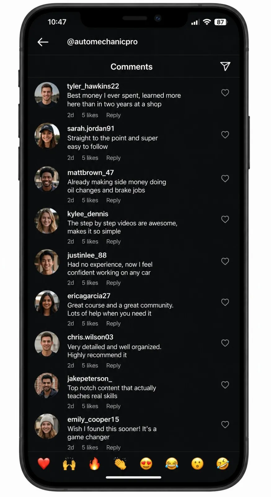 Screenshot of student comments praising the automotive mechanic course