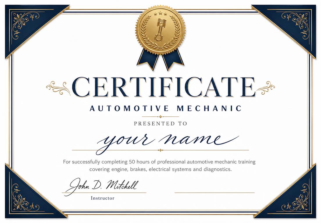 Automotive mechanic professional completion certificate