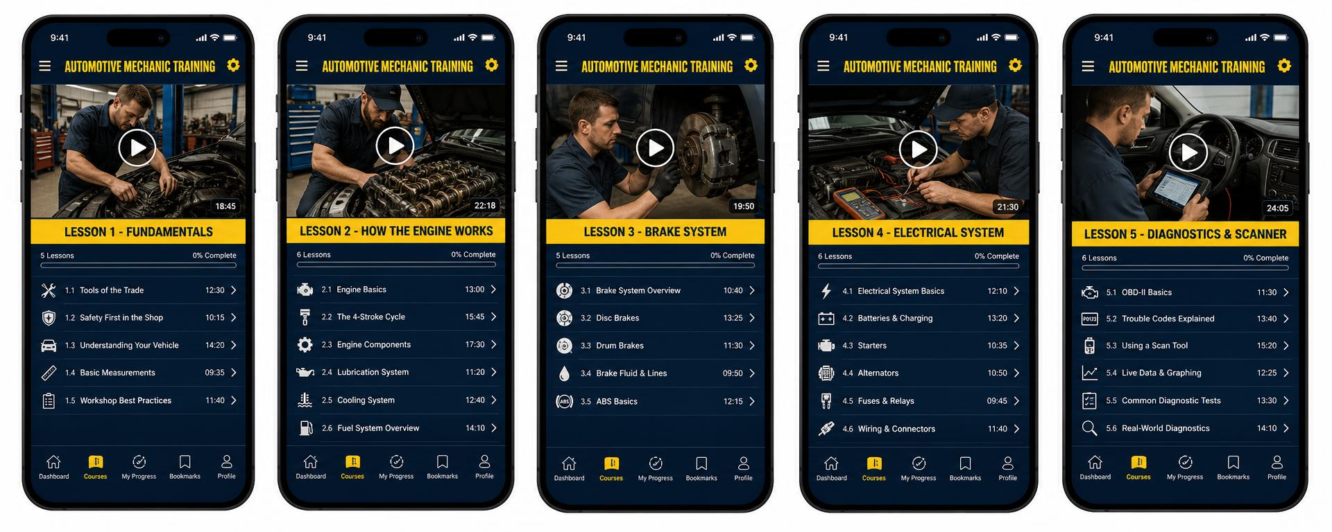 Phone screens showing the automotive mechanic course video lessons