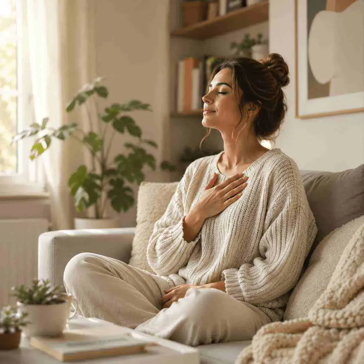 Woman in a meditative pose with her eyes closed
