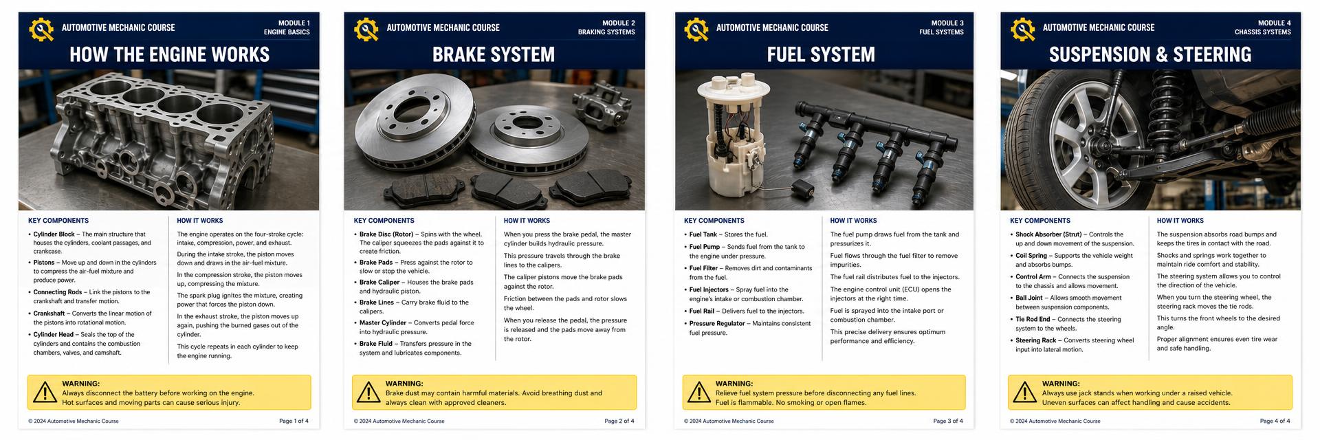 Printed study sheets covering engines, brakes, fuel and suspension systems